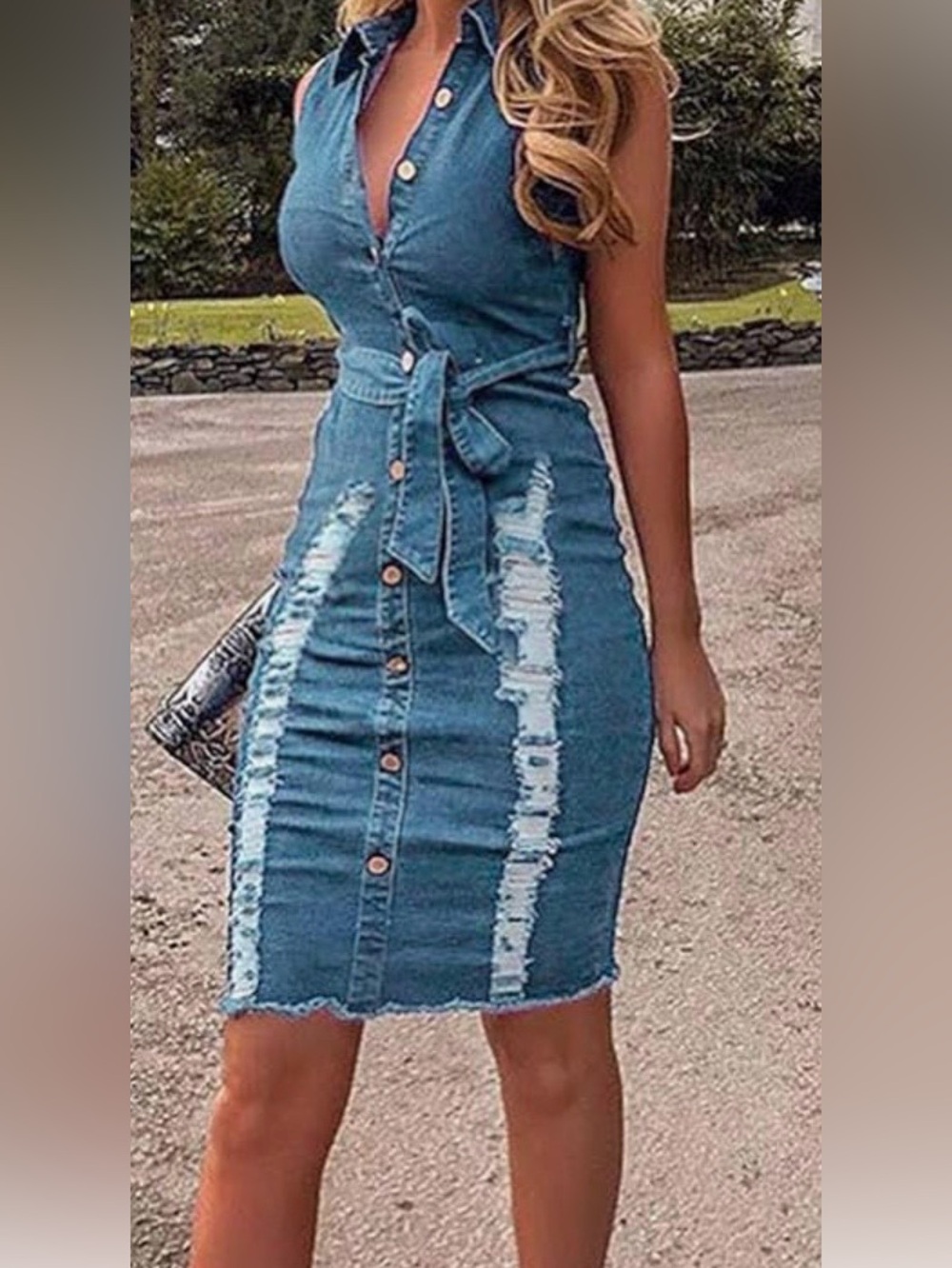 Sleeveless Blue Denim Button-Front Tie-Waist Dress